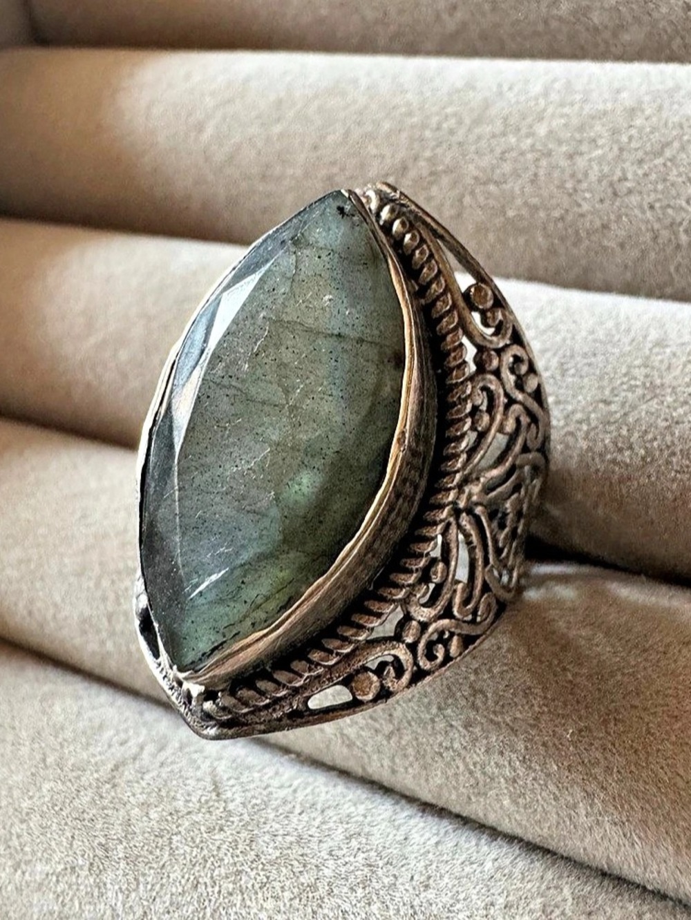 Large Faceted Gray Green Marquise Filigree Statement Ring Size 10